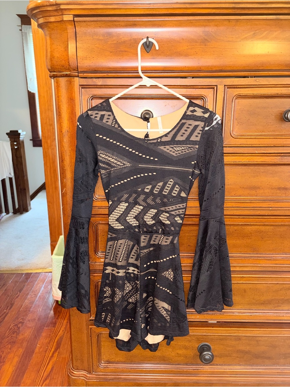 Sage Black Lace Nude Lined Bell Sleeve Open Back Romper S